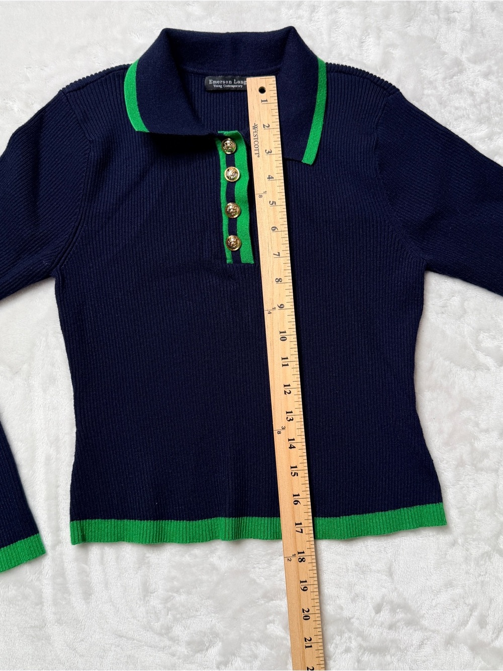 Emerson Lang Navy Knit Polo Sweater with Green Trim, academia, preppy, - Picture 10 of 10